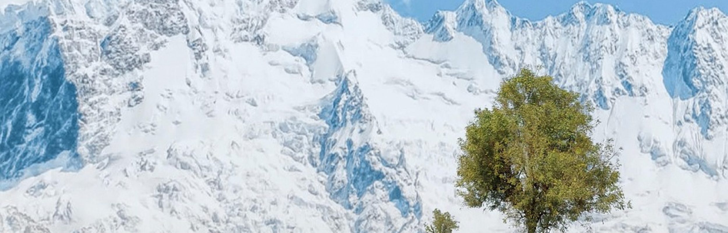 mountains, field, landscape, snow, winter, nature, meadow, tree, photo manipulation